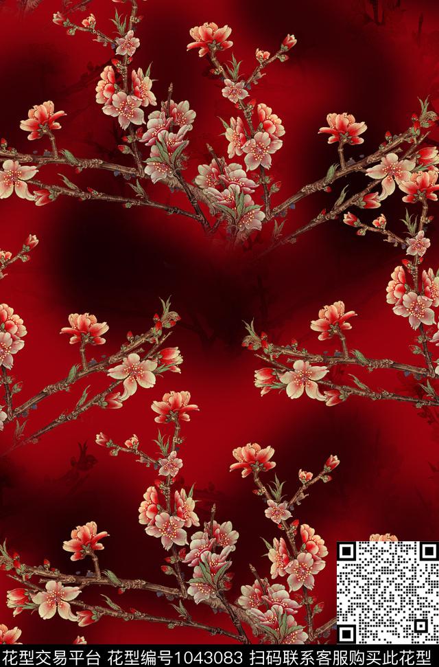 香云纱花卉桃花数码印花华亿平台下载（图片编号: 1043083） - 瓦栏（Walan）