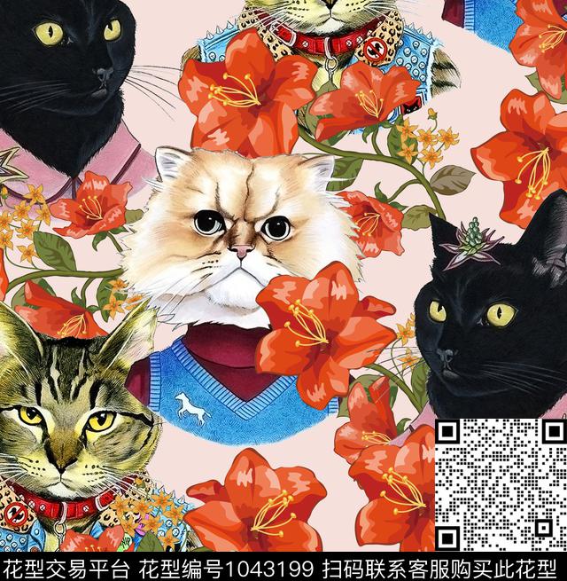 动物花卉创意猫数码印花华亿平台下载（图片编号: 1043199） - 瓦栏（Walan）