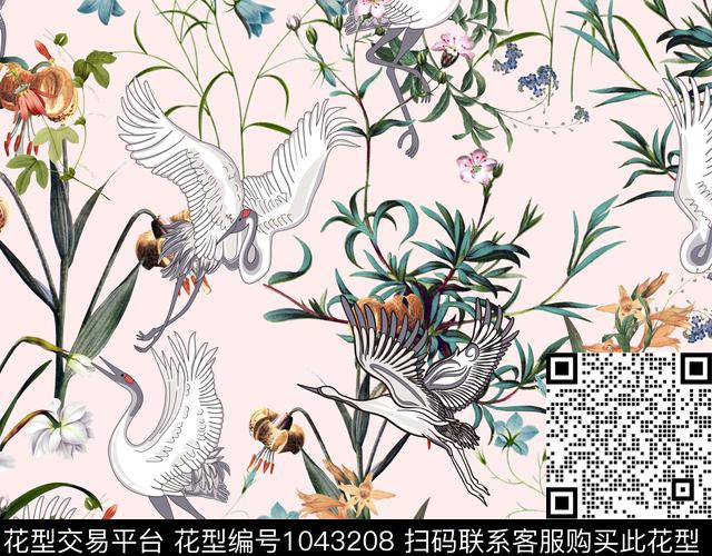动物花卉仙鹤坯布数码印花华亿平台下载（图片编号: 1043208） - 瓦栏（Walan）