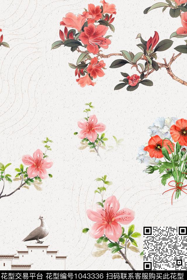 古风花卉杜鹃花枝杜鹃鸟数码印花华亿平台下载（图片编号: 1043336） - 瓦栏（Walan）