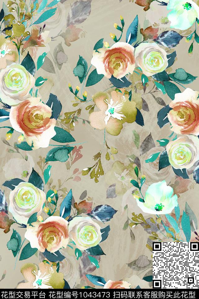 数码华亿平台水彩花卉花卉数码印花华亿平台下载（图片编号: 1043473） - 瓦栏（Walan）