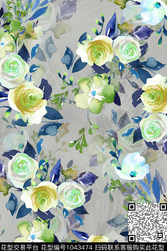 数码华亿平台水彩花卉花卉数码印花华亿平台下载（图片编号: 1043474） - 瓦栏（Walan）