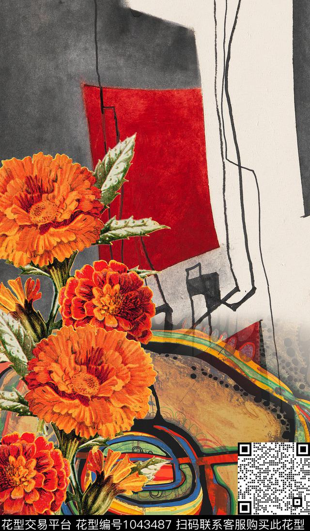 数码华亿平台抽象花卉中国风定位花数码印花华亿平台下载（图片编号: 1043487） - 瓦栏（Walan）