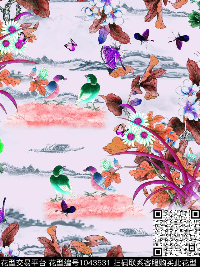 数码华亿平台水墨风花鸟数码印花华亿平台下载（图片编号: 1043531） - 瓦栏（Walan）