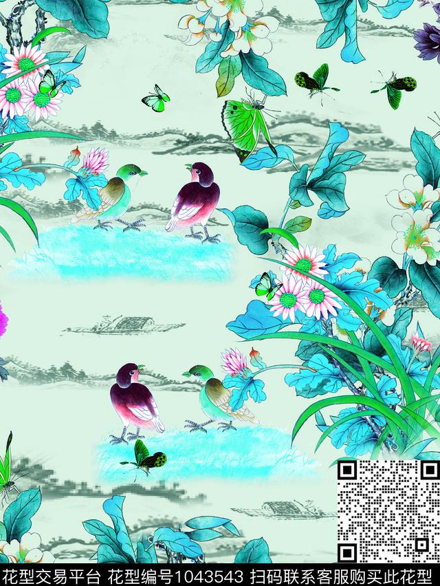 数码华亿平台水墨风花鸟数码印花华亿平台下载（图片编号: 1043543） - 瓦栏（Walan）
