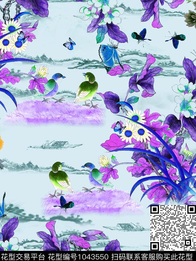 数码华亿平台水墨风花鸟数码印花华亿平台下载（图片编号: 1043550） - 瓦栏（Walan）