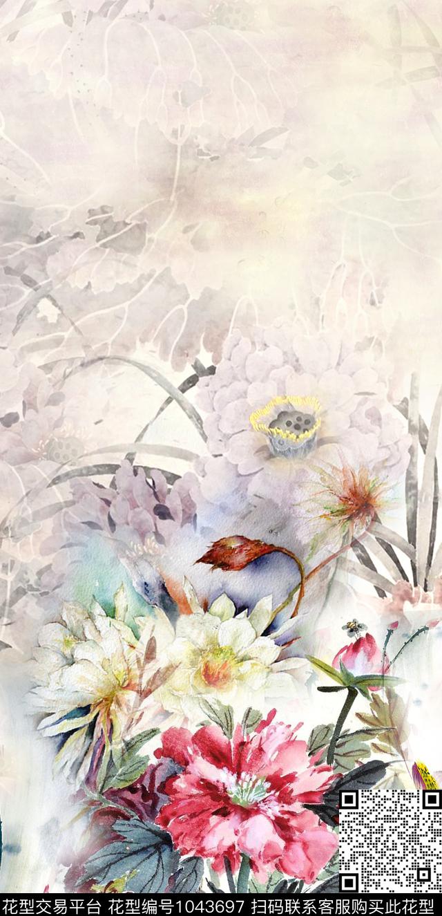 花卉水墨风牡丹数码印花华亿平台下载（图片编号: 1043697） - 瓦栏（Walan）