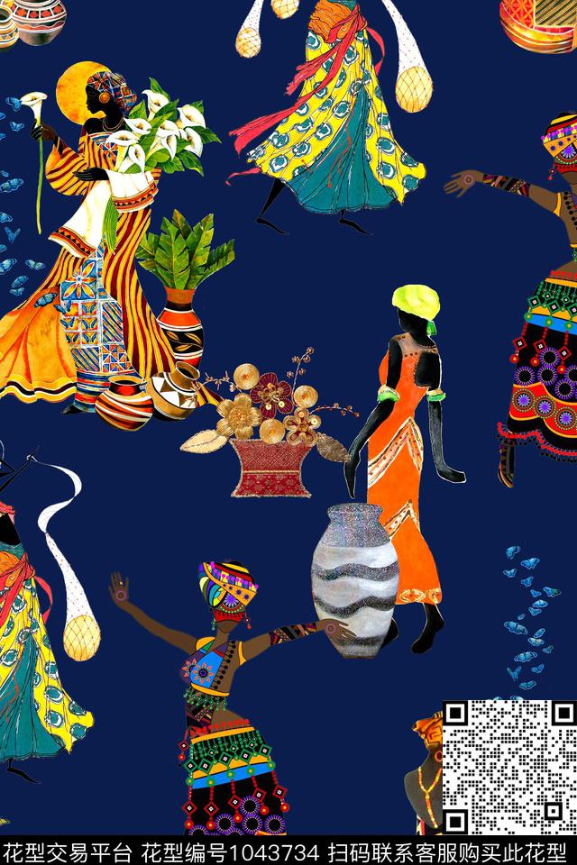 民族风人物蝴蝶数码印花华亿平台下载（图片编号: 1043734） - 瓦栏（Walan）