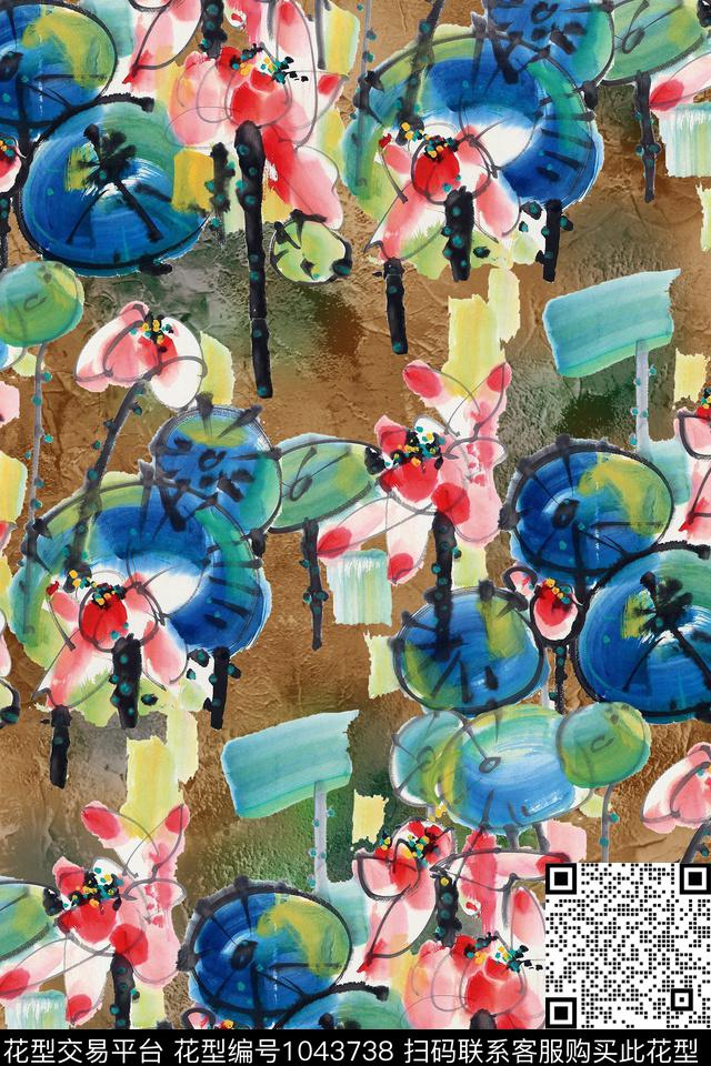 荷花国画中国风数码印花华亿平台下载（图片编号: 1043738） - 瓦栏（Walan）