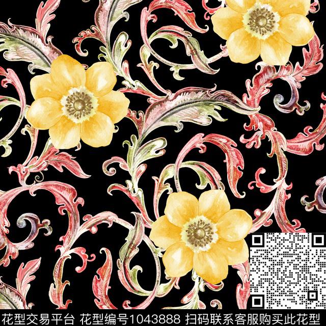 民族风水彩花卉卷草数码印花华亿平台下载（图片编号: 1043888） - 瓦栏（Walan）