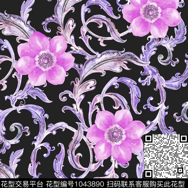 民族风水彩花卉卷草数码印花华亿平台下载（图片编号: 1043890） - 瓦栏（Walan）