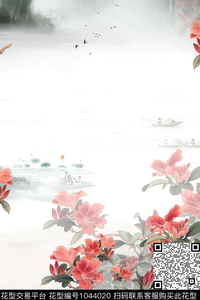 帆船国画远山数码印花华亿平台下载（图片编号: 1044020） - 瓦栏（Walan）