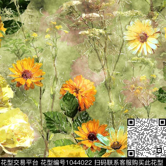 菊花水彩花卉向日葵数码印花华亿平台下载（图片编号: 1044022） - 瓦栏（Walan）