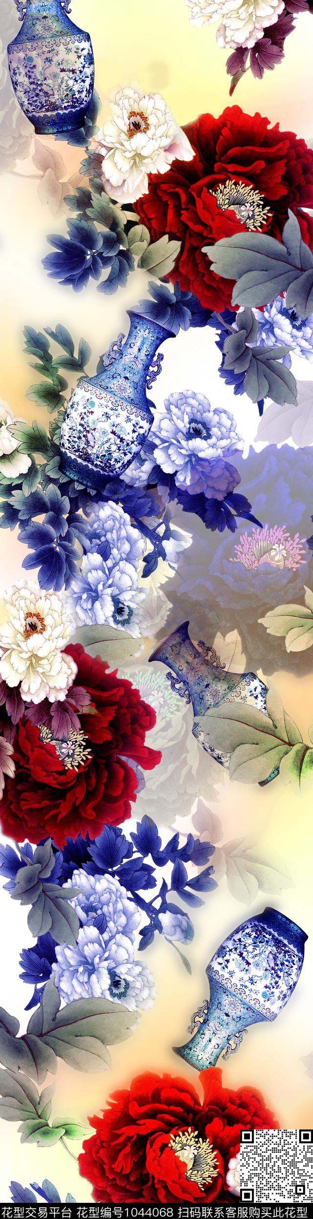 青花瓷中长巾牡丹数码印花华亿平台下载（图片编号: 1044068） - 瓦栏（Walan）