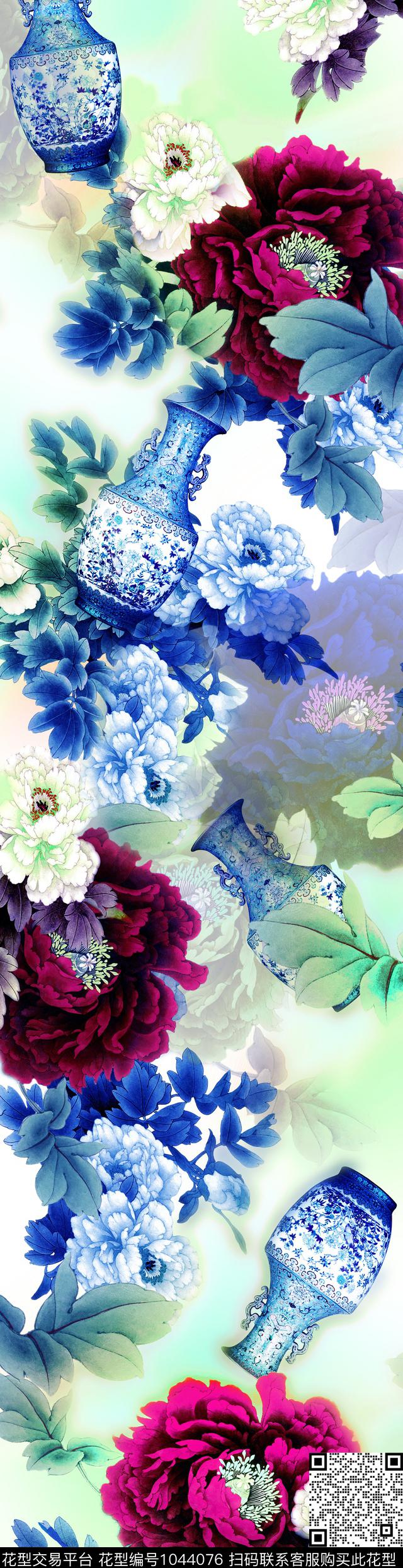 青花瓷中长巾牡丹数码印花华亿平台下载（图片编号: 1044076） - 瓦栏（Walan）