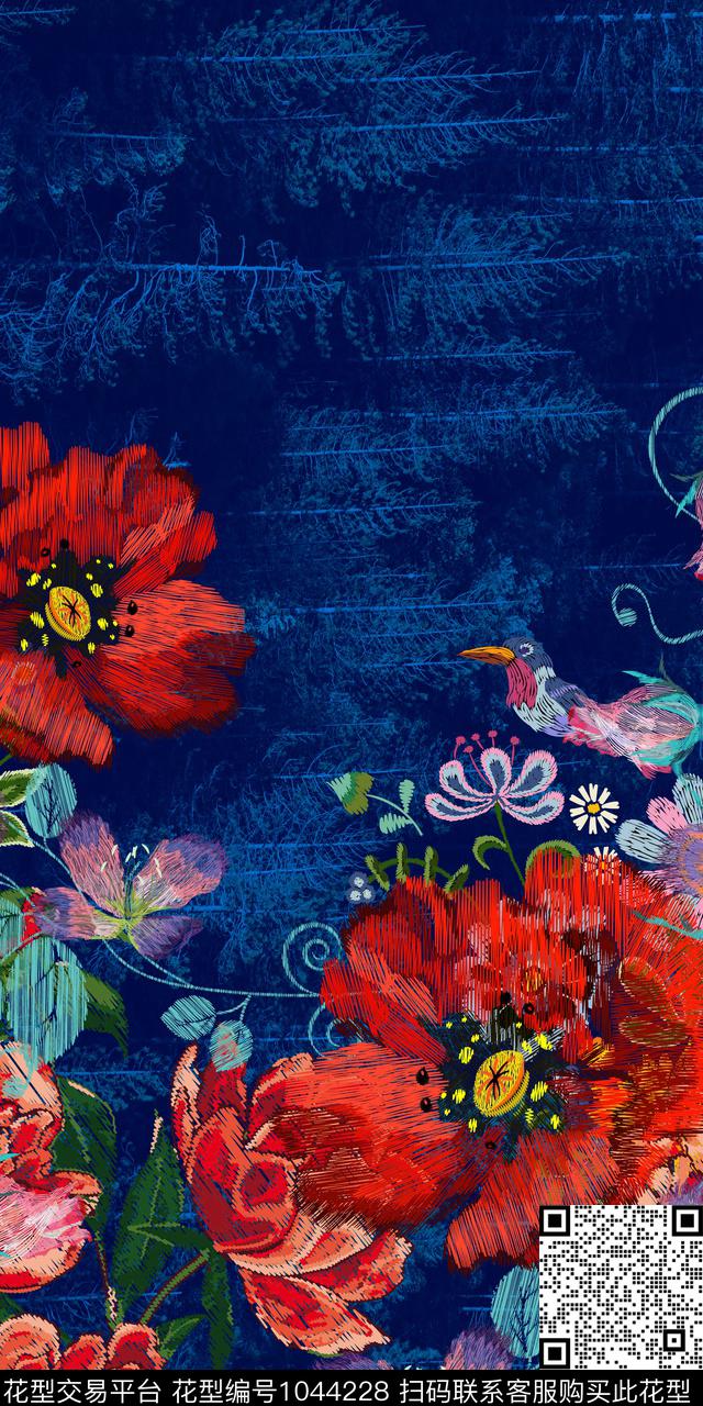 花卉绣花华亿平台中国风定位花数码印花华亿平台下载（图片编号: 1044228） - 瓦栏（Walan）