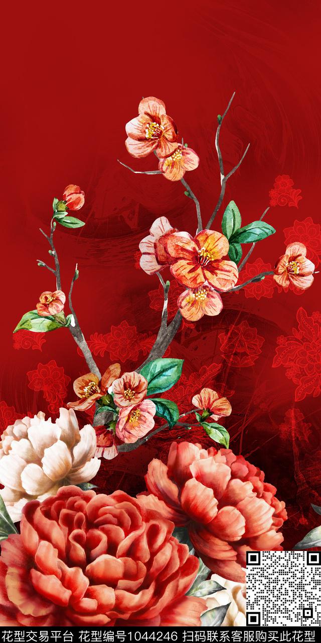 中国风定位花复古网布蕾丝数码印花华亿平台下载（图片编号: 1044246） - 瓦栏（Walan）