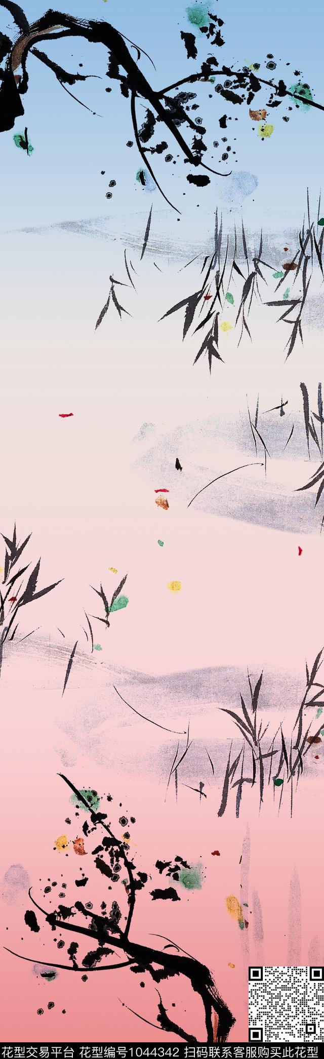 围巾植物抽象数码印花华亿平台下载（图片编号: 1044342） - 瓦栏（Walan）