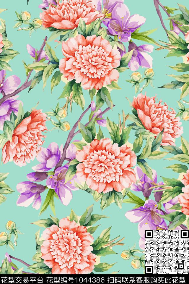 大花花卉大牌风数码印花华亿平台下载（图片编号: 1044386） - 瓦栏（Walan）