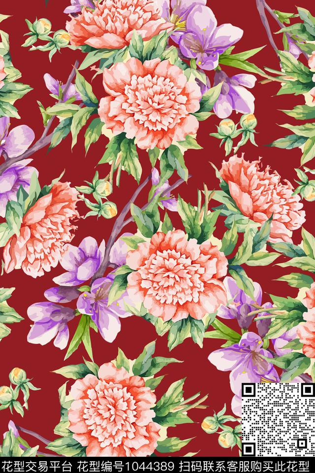 大花花卉大牌风数码印花华亿平台下载（图片编号: 1044389） - 瓦栏（Walan）