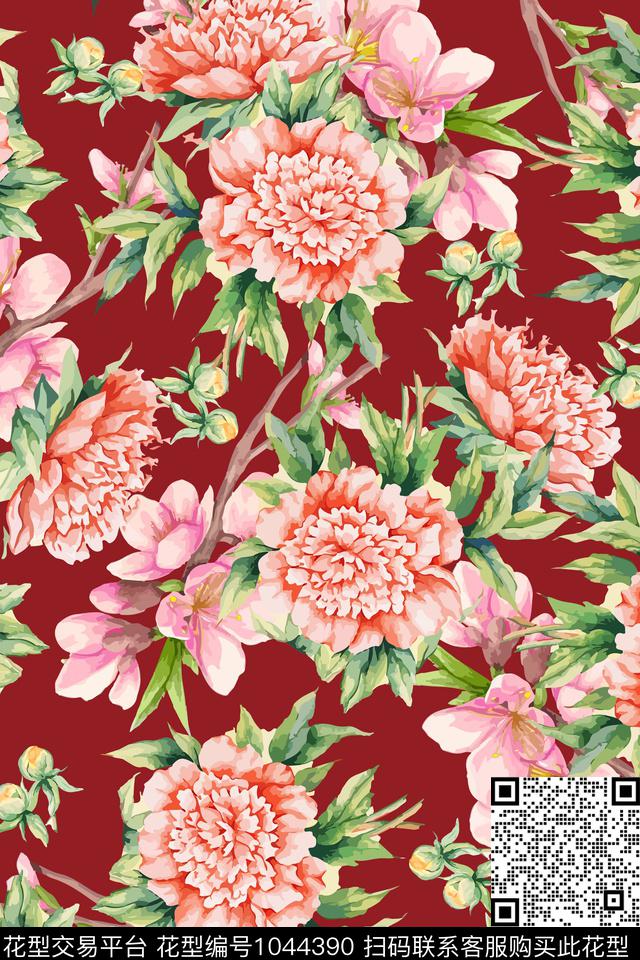 大花花卉大牌风数码印花华亿平台下载（图片编号: 1044390） - 瓦栏（Walan）