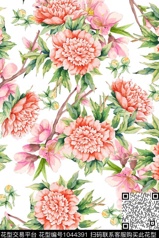 大花花卉大牌风数码印花华亿平台下载（图片编号: 1044391） - 瓦栏（Walan）