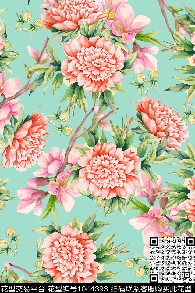 大花花卉大牌风数码印花华亿平台下载（图片编号: 1044393） - 瓦栏（Walan）