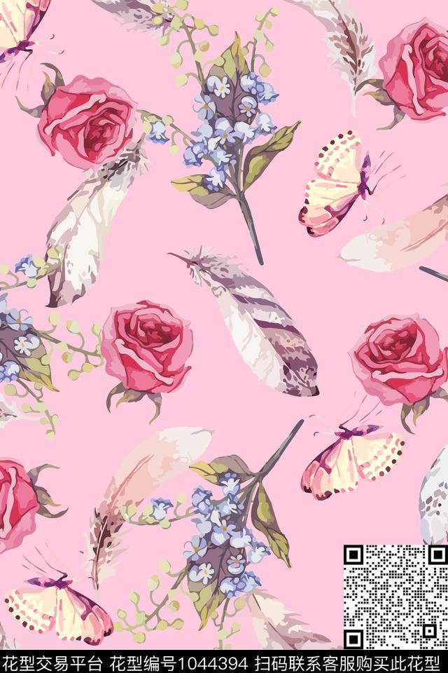 羽毛花卉蝴蝶数码印花华亿平台下载（图片编号: 1044394） - 瓦栏（Walan）