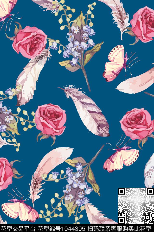 羽毛花卉蝴蝶数码印花华亿平台下载（图片编号: 1044395） - 瓦栏（Walan）