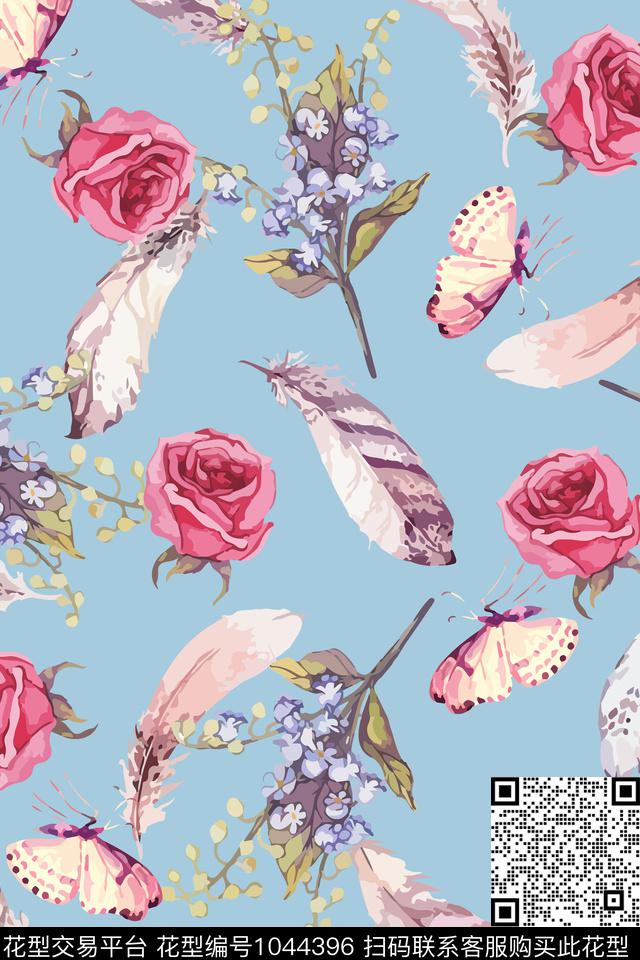 羽毛花卉蝴蝶数码印花华亿平台下载（图片编号: 1044396） - 瓦栏（Walan）