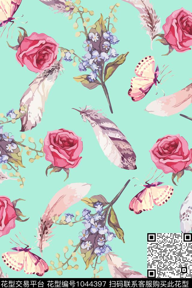 羽毛花卉蝴蝶数码印花华亿平台下载（图片编号: 1044397） - 瓦栏（Walan）