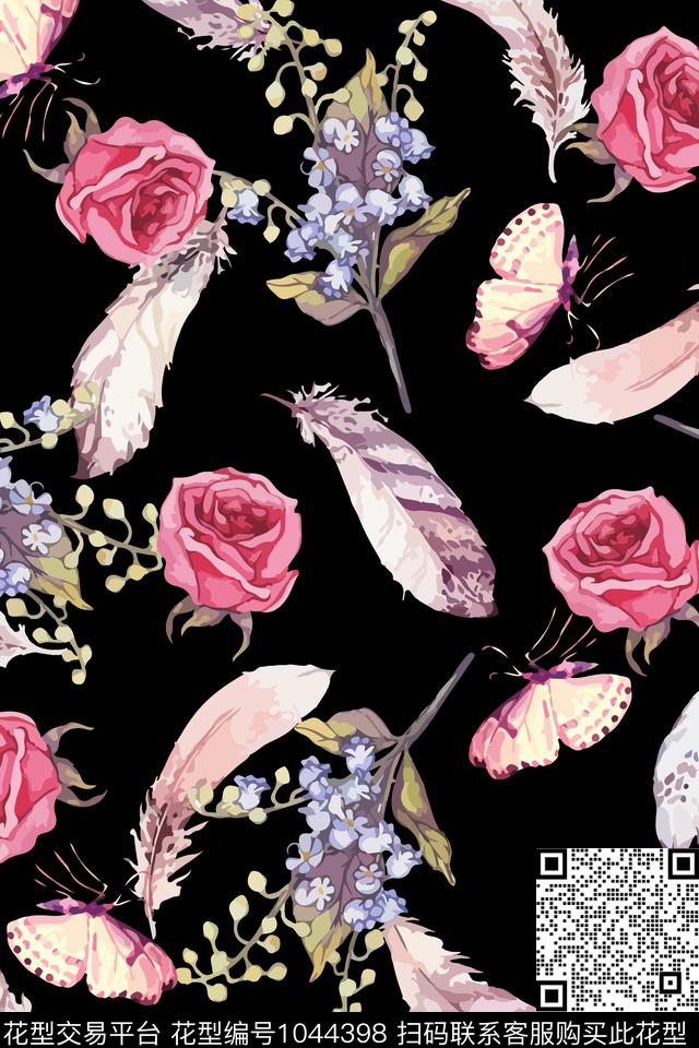 羽毛花卉蝴蝶数码印花华亿平台下载（图片编号: 1044398） - 瓦栏（Walan）