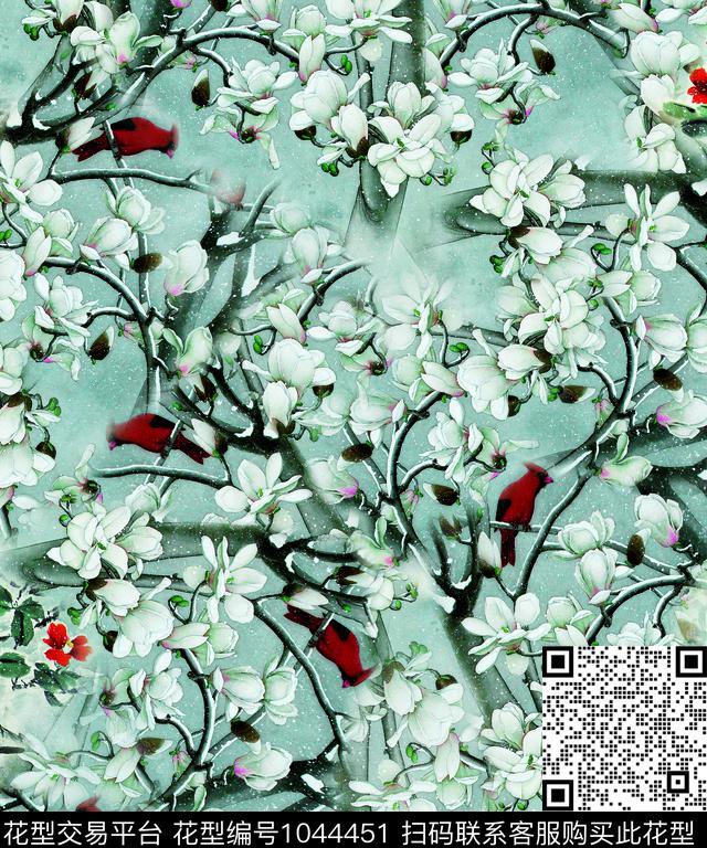数码华亿平台玉兰花花鸟数码印花华亿平台下载（图片编号: 1044451） - 瓦栏（Walan）