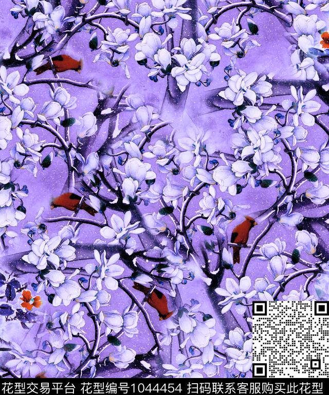 数码华亿平台玉兰花花鸟数码印花华亿平台下载（图片编号: 1044454） - 瓦栏（Walan）
