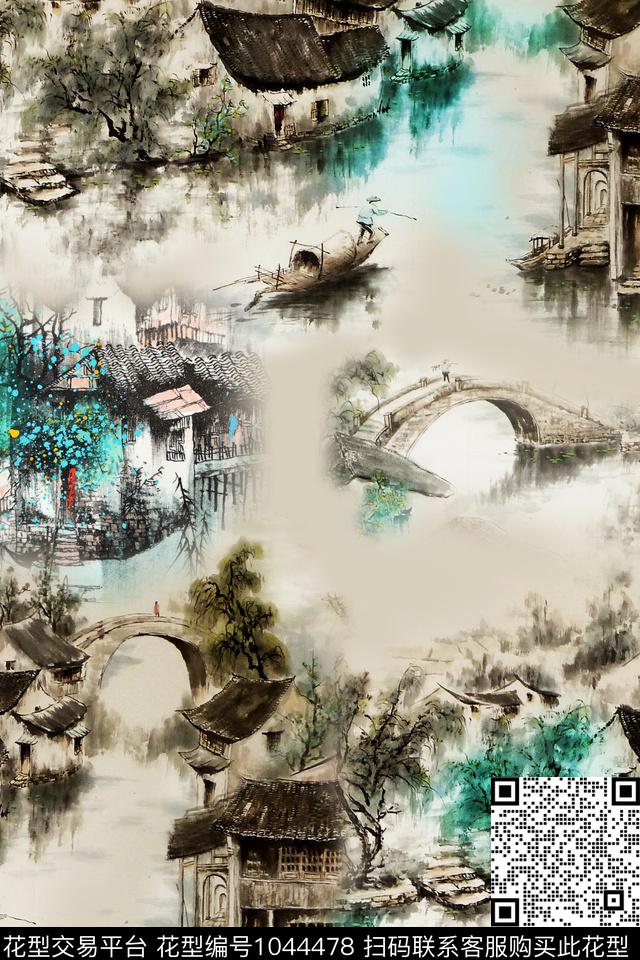风景景观水彩花卉水墨风数码印花华亿平台下载（图片编号: 1044478） - 瓦栏（Walan）