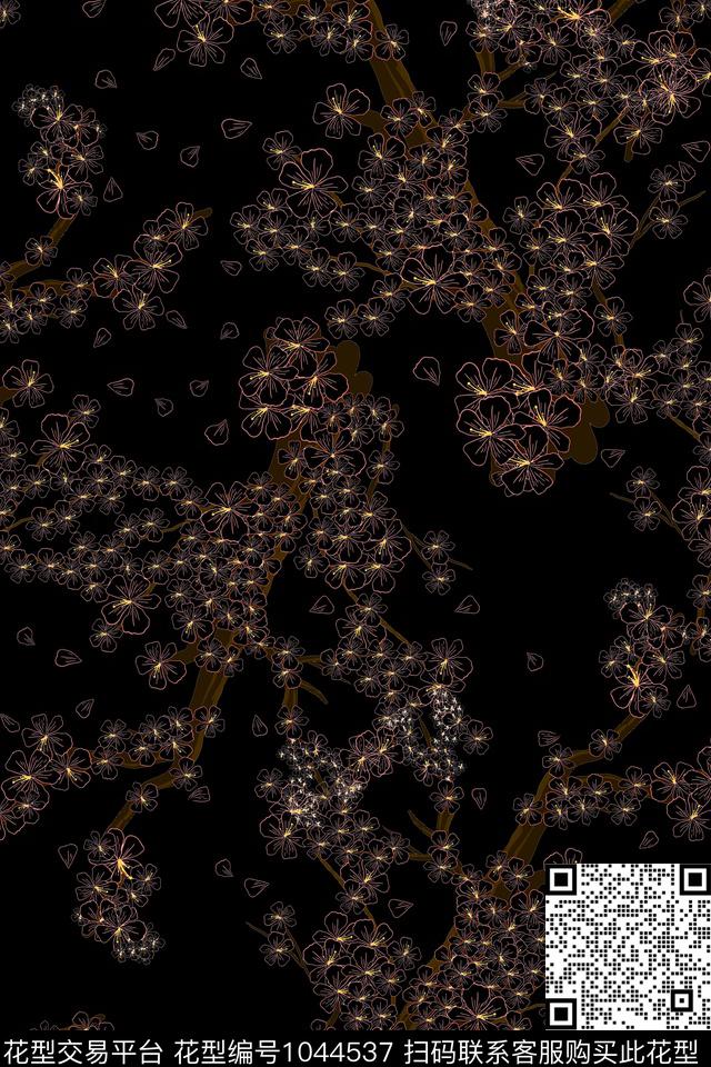 黑底花卉花卉满版散花传统印花华亿平台下载（图片编号: 1044537） - 瓦栏（Walan）