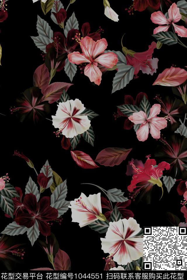 花卉满版散花黑底花卉数码印花华亿平台下载（图片编号: 1044551） - 瓦栏（Walan）