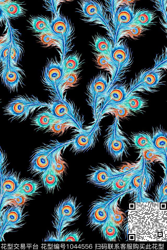 抽象羽毛手绘花卉数码印花华亿平台下载（图片编号: 1044556） - 瓦栏（Walan）