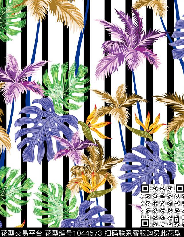创意绿植树叶条纹数码印花华亿平台下载（图片编号: 1044573） - 瓦栏（Walan）