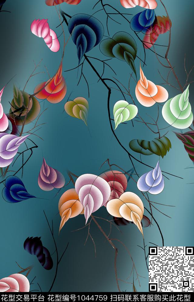 香云纱绿植树叶水彩叶子数码印花华亿平台下载（图片编号: 1044759） - 瓦栏（Walan）