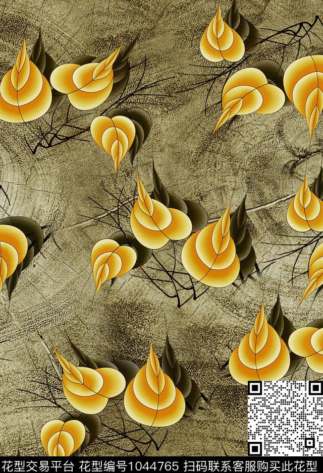 树枝水彩叶子中国风数码印花华亿平台下载（图片编号: 1044765） - 瓦栏（Walan）