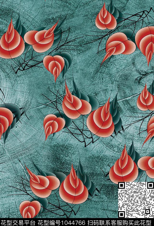 树枝水彩叶子中国风数码印花华亿平台下载（图片编号: 1044766） - 瓦栏（Walan）