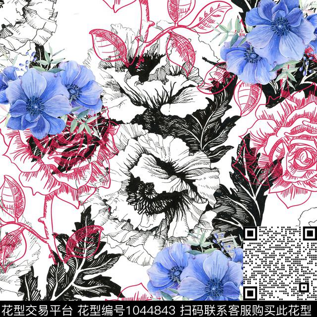 清爽底花卉白花线条画数码印花华亿平台下载（图片编号: 1044843） - 瓦栏（Walan）