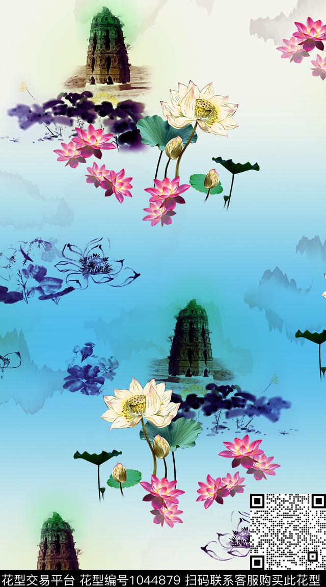 定位花荷花雷峰塔数码印花华亿平台下载（图片编号: 1044879） - 瓦栏（Walan）