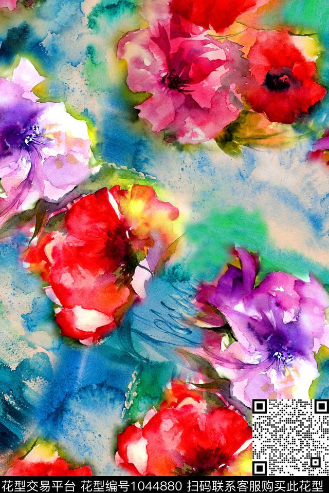 肌理花卉水彩花卉数码印花华亿平台下载（图片编号: 1044880） - 瓦栏（Walan）