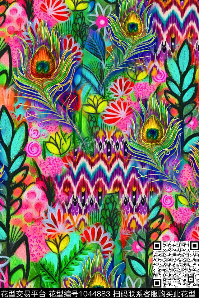 民族风羽毛几何数码印花华亿平台下载（图片编号: 1044883） - 瓦栏（Walan）