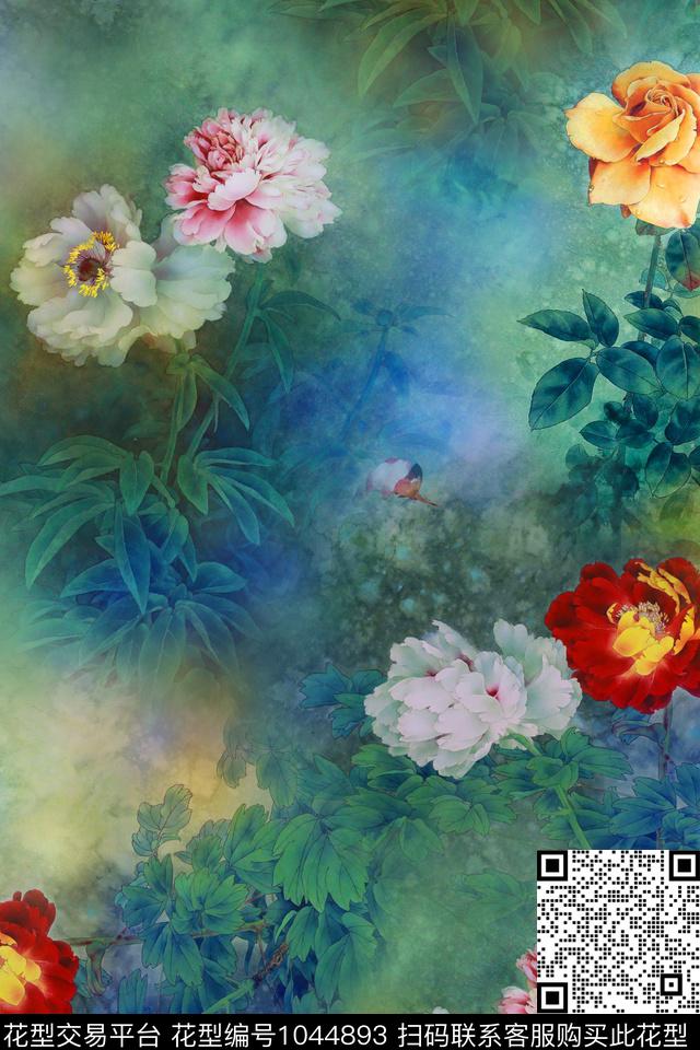 牡丹国画中国风数码印花华亿平台下载（图片编号: 1044893） - 瓦栏（Walan）