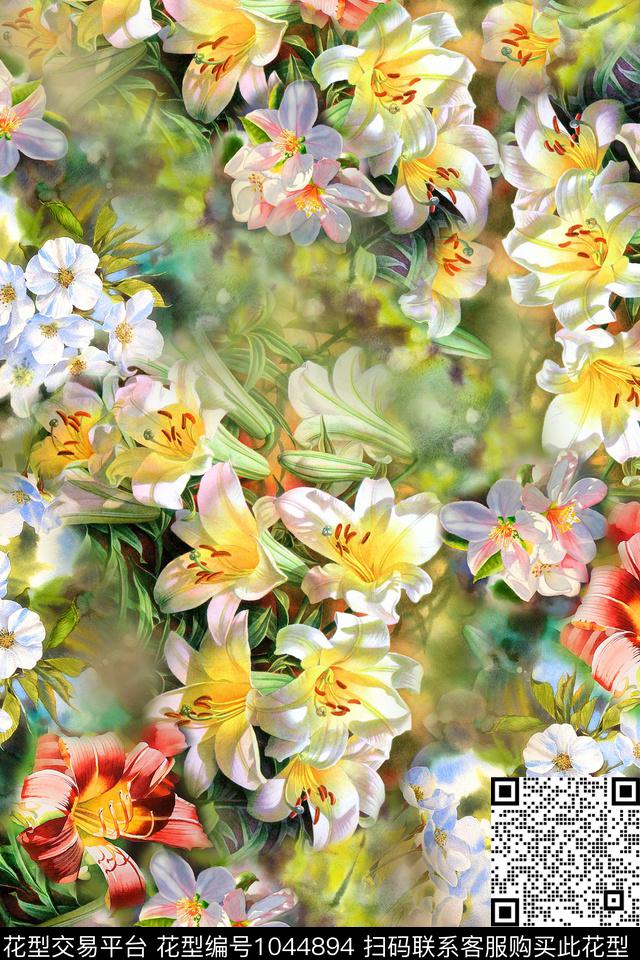 花卉百合水彩花卉数码印花华亿平台下载（图片编号: 1044894） - 瓦栏（Walan）