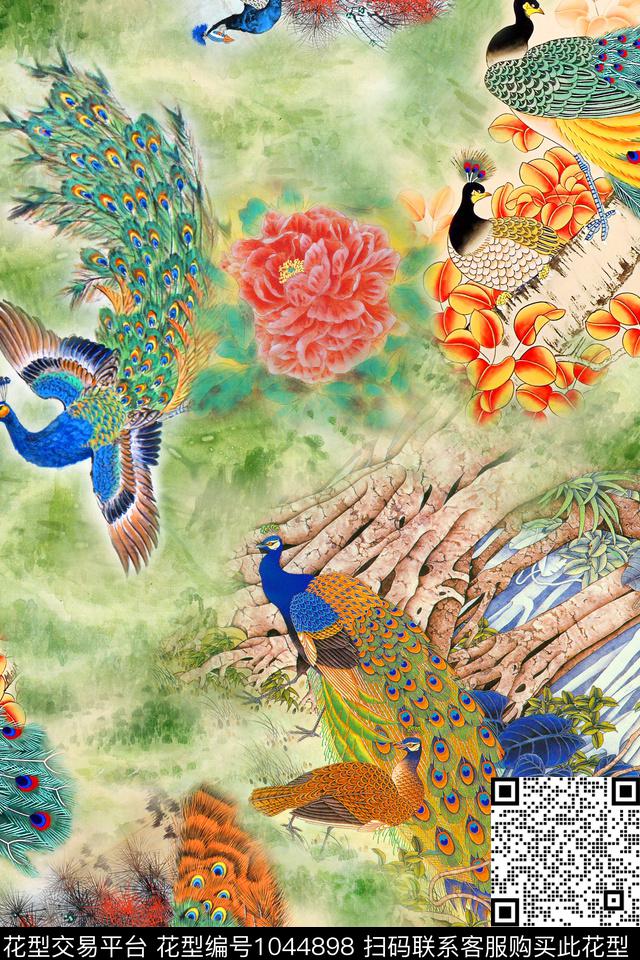 花卉孔雀中国风数码印花华亿平台下载（图片编号: 1044898） - 瓦栏（Walan）