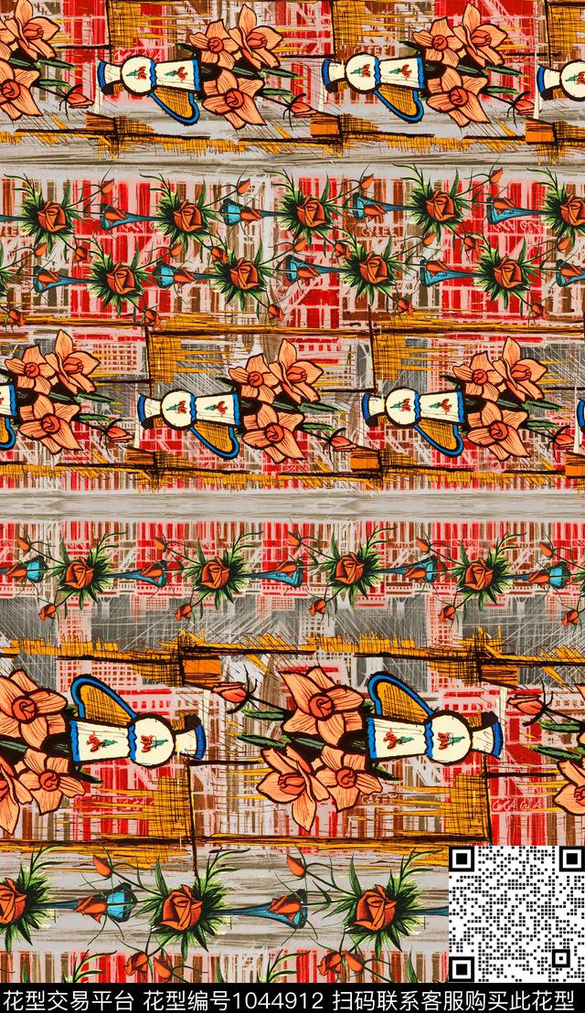 数码华亿平台民族风线条花卉数码印花华亿平台下载（图片编号: 1044912） - 瓦栏（Walan）